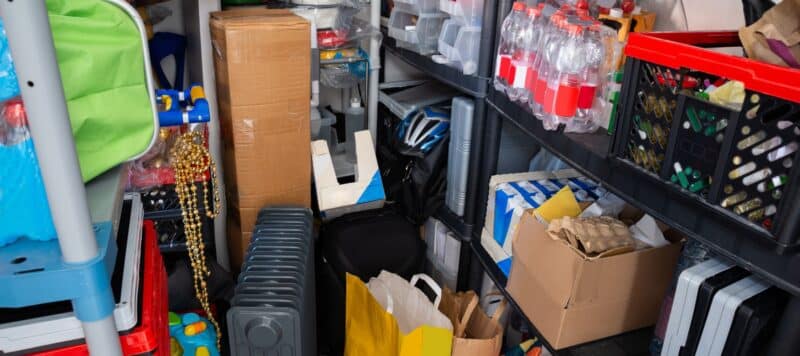 cluttered garage. Various items piled on shelving unit
